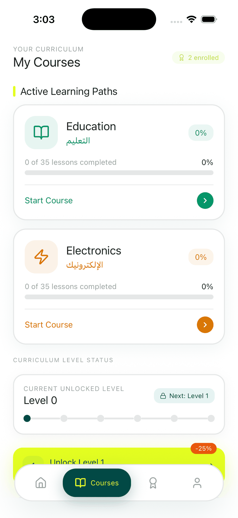 A learner enrols in fields, not in a generic English course