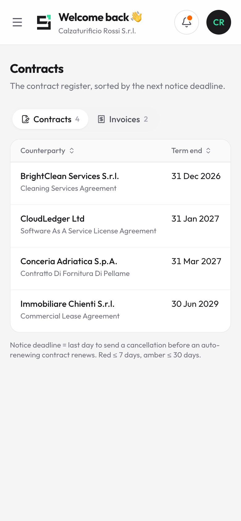 Contract register on mobile